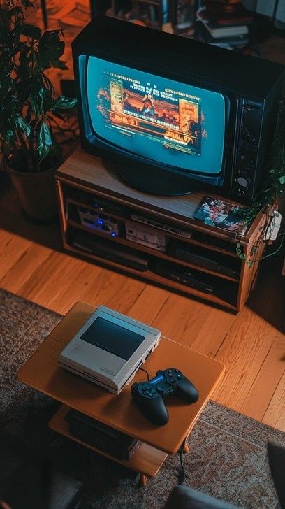 Gammal CRT-tv med retrospel och handkontroll framför skärmen